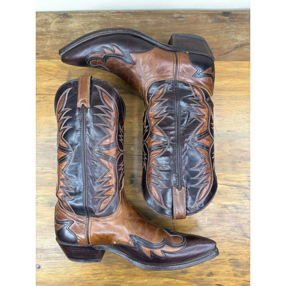 Vtg. Code West Two Tone Leather Flame Inlay Cowboy Boots Mens 10 M USA Western